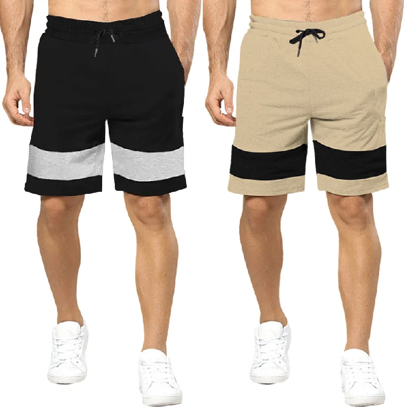 Men's elastic waistband lounge shorts for lazy weekends at homemens short-PACK OF 2 - BLACK -BEIGE