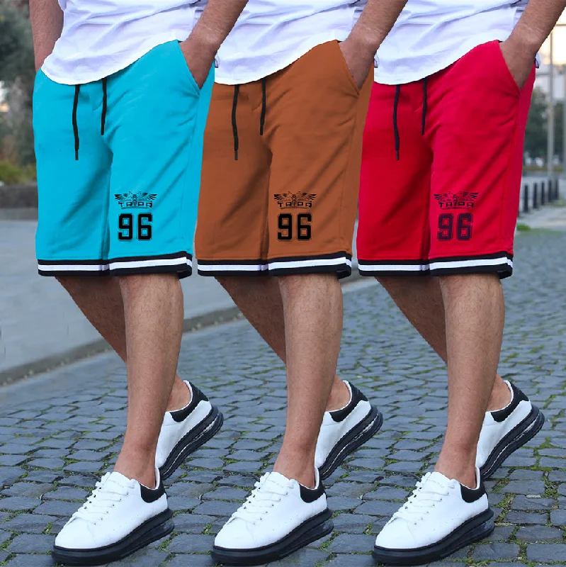 Men's breathable cotton athletic shorts for intense workoutsmens short-PACK OF 3-skyblue-brown-red