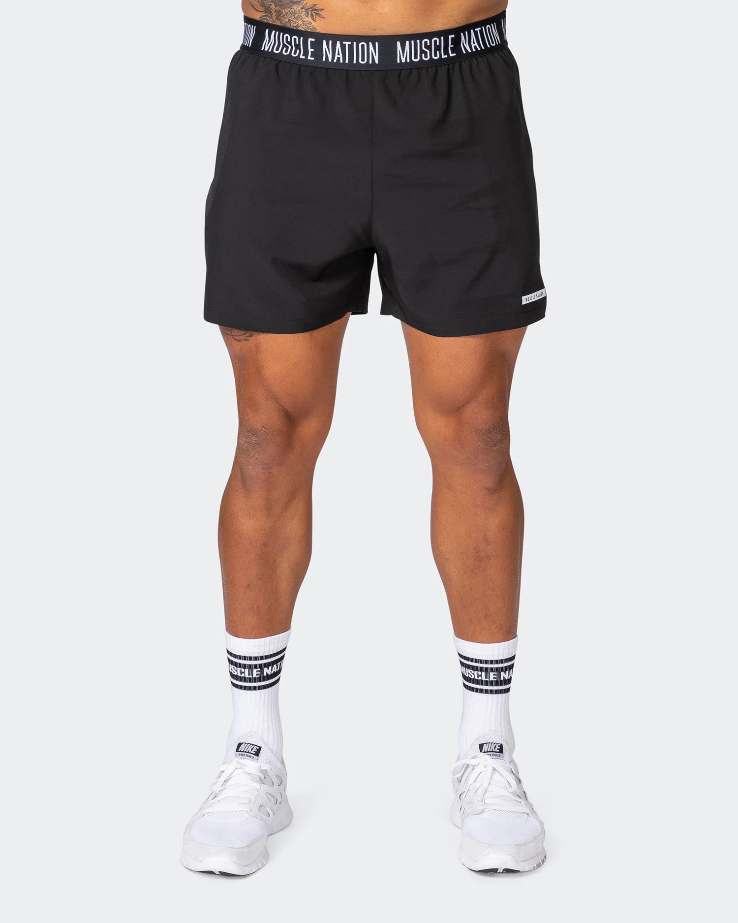 Men's distressed cotton shorts for a bohemian - inspired styleMuscle Nation | Level Up training 4" Shorts - Black