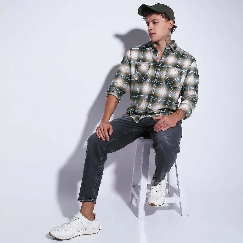 Men's Distressed Denim Casual Shirts with Frayed Edges for a Trendy and Rugged LookRegular Fit Checkered Shirt