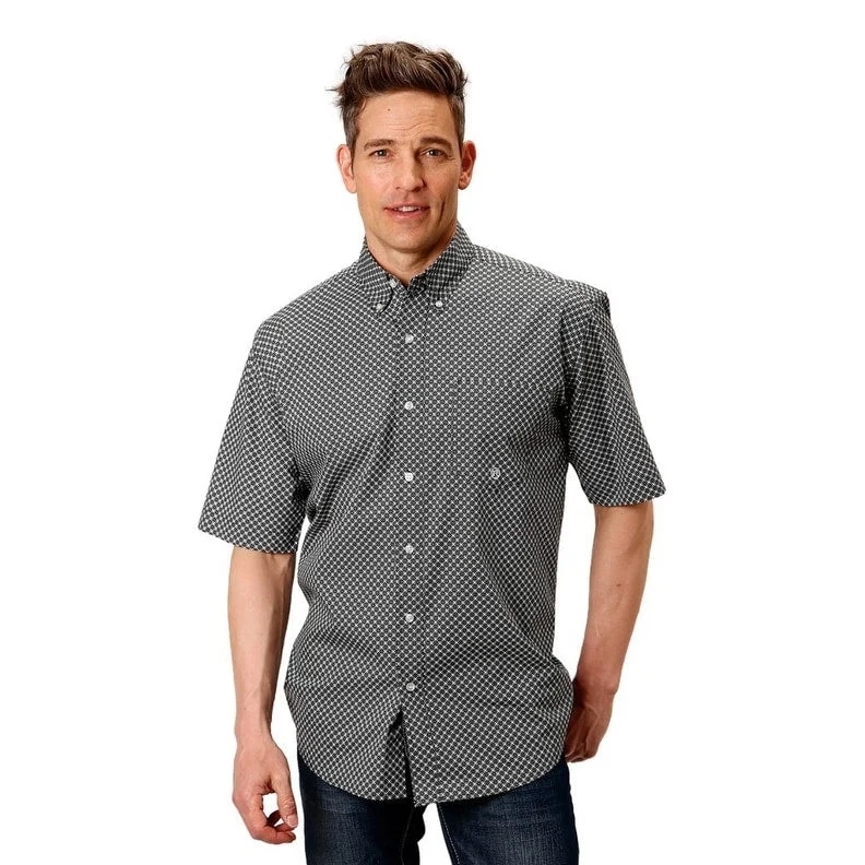 Men's Wrinkle - Resistant Polyester Blend Casual Shirts for Easy Travel and MaintenanceRoper Western Shirt Men Short Sleeve Diamond Black 03-002-0326-2013 BL