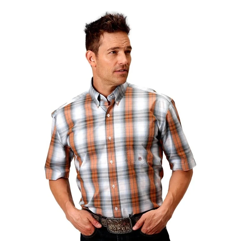 Men's Two - Tone Contrast Panel Casual Shirts in White and Navy for a Stylish and Eye - Catching DesignRoper Western Shirt Mens S/S Ombre Dusk Plaid Gray 03-002-0379-4050 GY