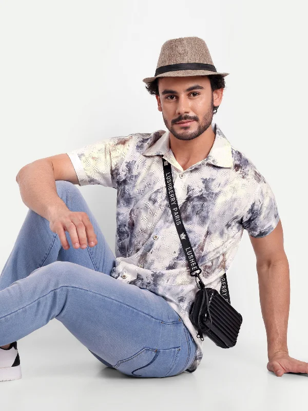 Men's Two - Tone Contrast Panel Casual Shirts in White and Navy for a Stylish and Eye - Catching DesignWhite Printed Textured Half Shirt