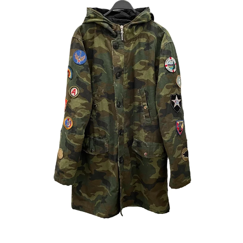 Men coats with a hooded design for added protection against the elementsMen coats with a hooded design for added protection against the elementsAMIRI/Jacket/XL/Cotton/GRN/Camouflage/patch sleeve/ cloud back