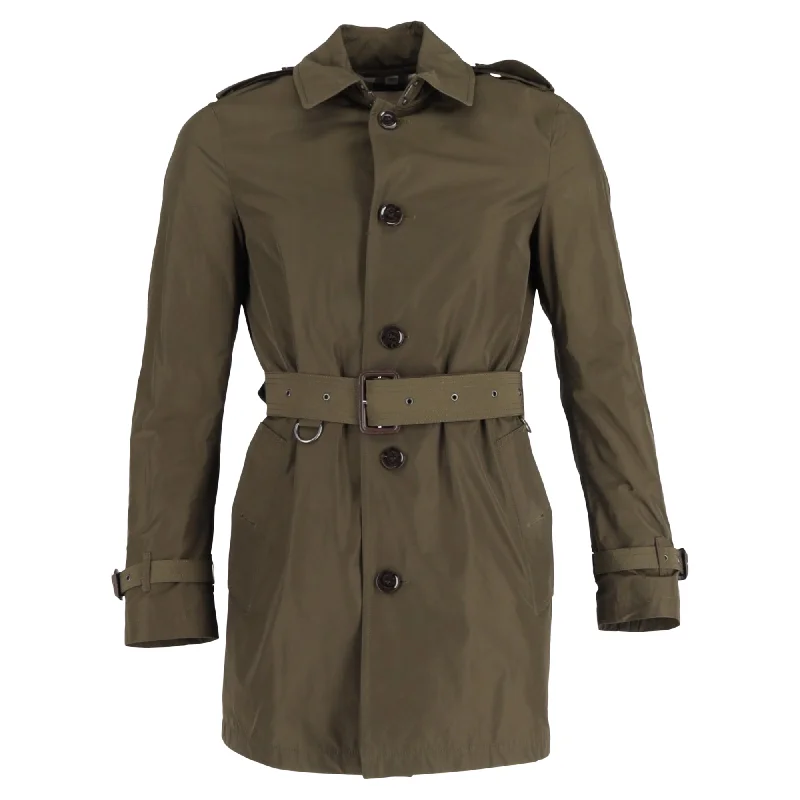 Men coats made from recycled materials for an eco - friendly choiceBurberry Single-Breasted  with Belt Trench Coat in Olive Polyester