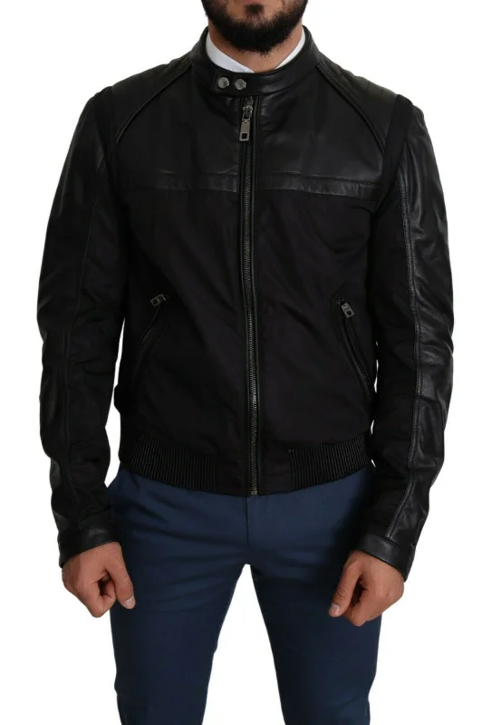 Men coats with a detachable faux - fur collar for a trendy and warm touchDolce & Gabbana Elegant  Bomber with Leather Men's Accents