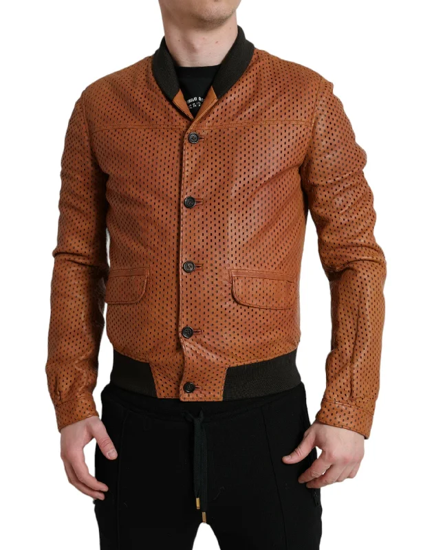 Men coats made of high - quality leather for a rugged and durable optionMen coats made of high - quality leather for a rugged and durable optionDolce & Gabbana Elegant Leather Perforated Bomber Men's Jacket