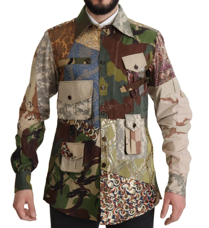 Men coats with a stand - up collar for a sleek and modern lookDolce & Gabbana Patchwork Camouflage Casual Men's Shirt