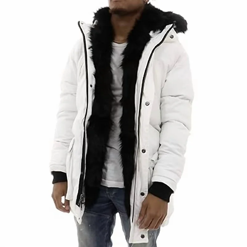 Long - line men coats reaching below the knee for maximum coverageLong - line men coats reaching below the knee for maximum coverageFargo Fur Lined Parka 2.0 Jacket In White Domino