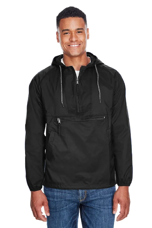 Men jackets with a media - friendly pocket for easy access to gadgetsMen jackets with a media - friendly pocket for easy access to gadgetsHarriton Mens Packable Wind & Water Resistant 1/4 Zip Hooded Jacket - Black