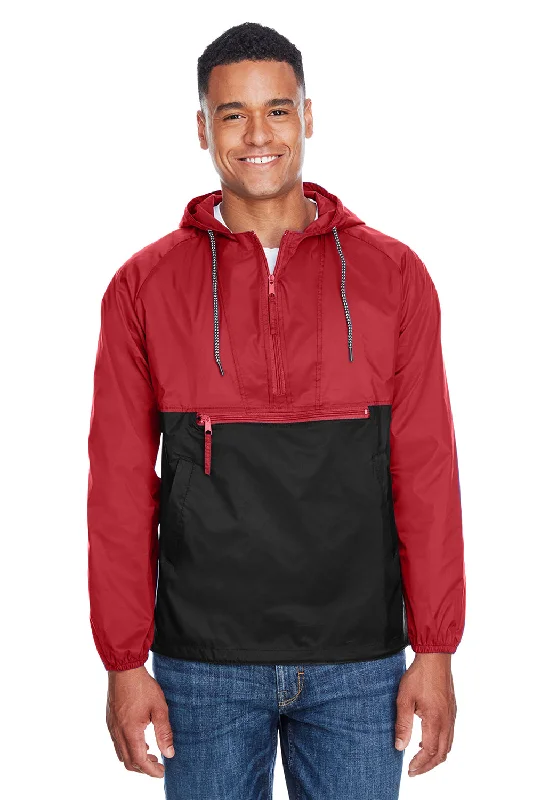 Men jackets with a built - in hood that can be stowed away when not in useMen jackets with a built - in hood that can be stowed away when not in useHarriton Mens Packable Wind & Water Resistant 1/4 Zip Hooded Jacket - Red/Black