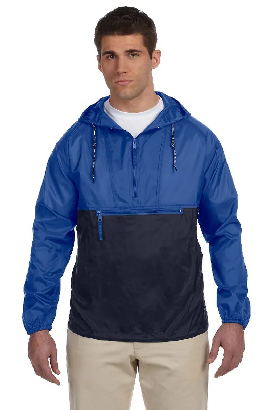 Down - filled men jackets in bright colors for winter fashionDown - filled men jackets in bright colors for winter fashionHarriton Mens Packable Wind & Water Resistant 1/4 Zip Hooded Jacket - Royal Blue/Navy Blue