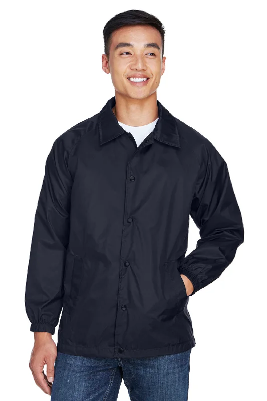 Men jackets with a built - in hood that can be stowed away when not in useMen jackets with a built - in hood that can be stowed away when not in useHarriton Mens Wind & Water Resistant Snap Down Staff Jacket - Navy Blue