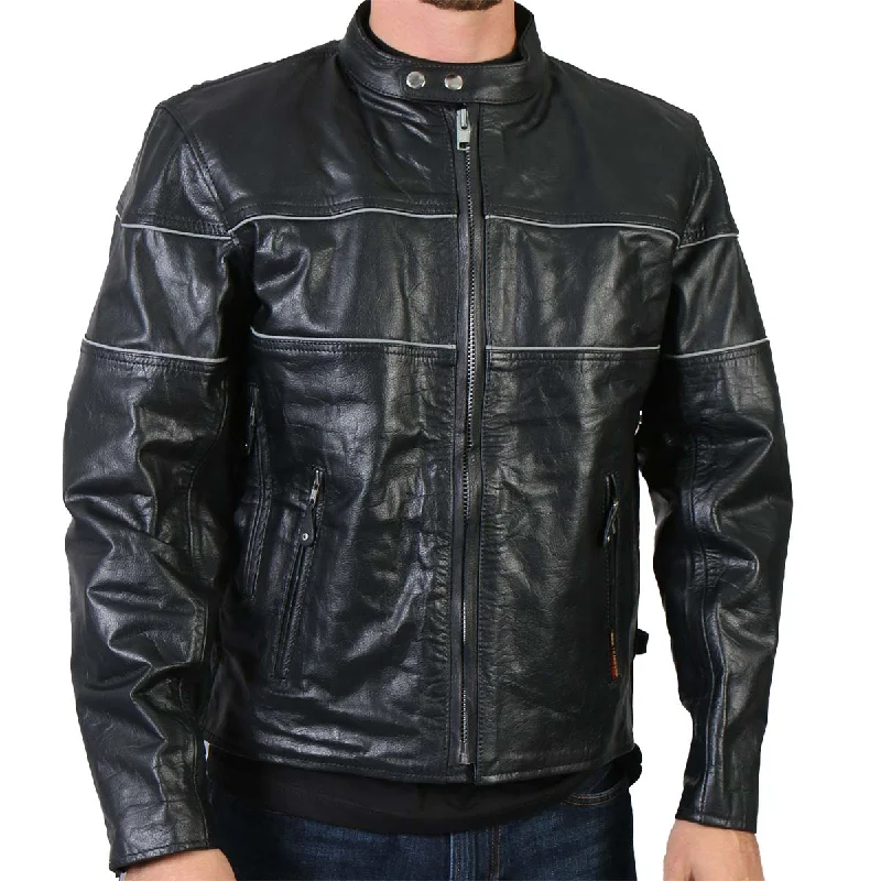 Men jackets with a hidden interior pocket for secure storageMen jackets with a hidden interior pocket for secure storageHot Leathers JKM1004 Men's Leather Vented Scooter Jacket with Reflective Piping