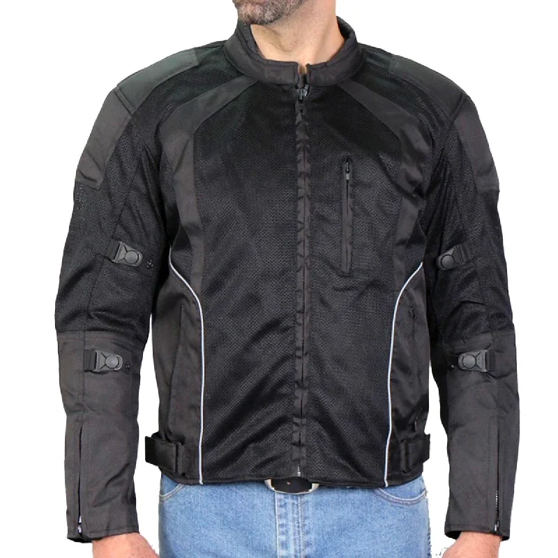 Bomber men jackets with ribbed cuffs for a classic 80s styleBomber men jackets with ribbed cuffs for a classic 80s styleHot Leathers JKM1025 Men’s Black Armored  Nylon Mesh Jacket with Reflective Piping and Concealed Carry Pocket