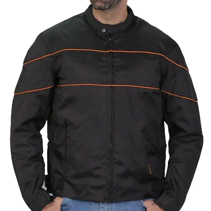 Bomber men jackets with ribbed cuffs for a classic 80s styleBomber men jackets with ribbed cuffs for a classic 80s styleHot Leathers JKM1026 Men’s Black Nylon Jacket with Orange Reflective Trim