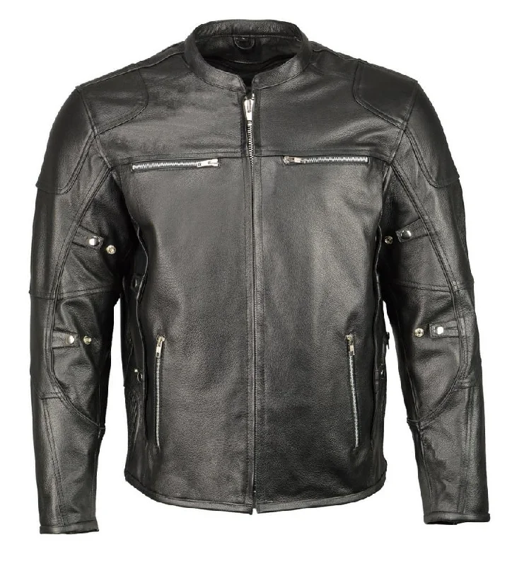 Men jackets with a built - in hood that can be stowed away when not in useMen jackets with a built - in hood that can be stowed away when not in useM Boss Apparel BOS11506 Men's Triple Vent Leather Jacket with Stretch Sides and Armor