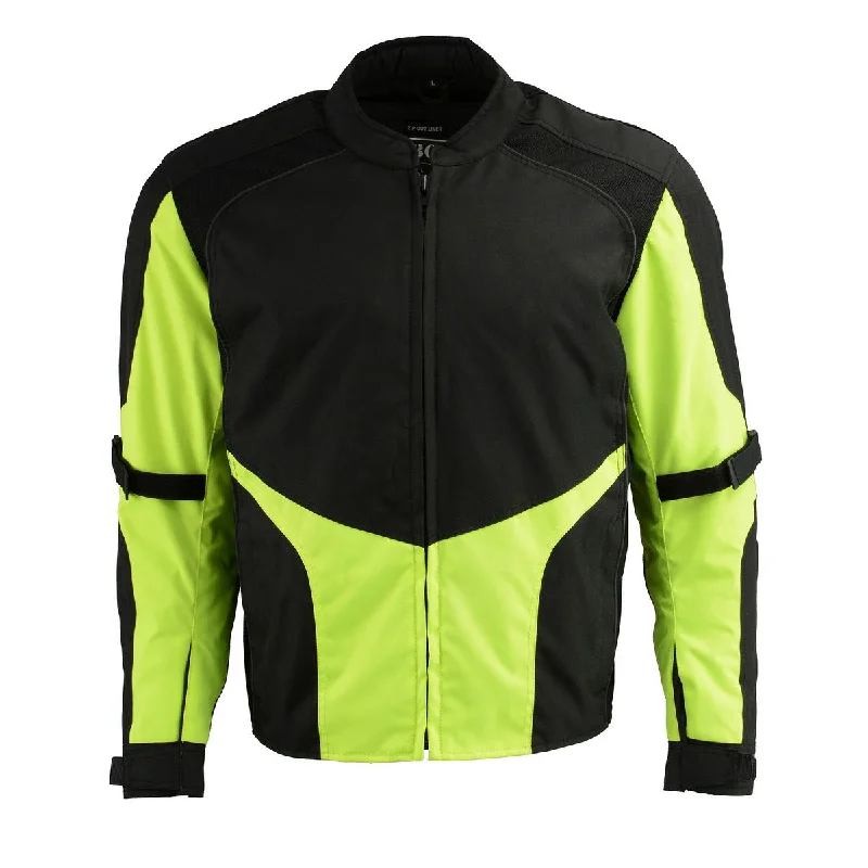 Men jackets with a media - friendly pocket for easy access to gadgetsMen jackets with a media - friendly pocket for easy access to gadgetsM Boss Motorcycle Apparel BOS11706 Men's Black/Hi-Vis Green Nylon Motorcycle Racer Jacket with Armor Protection