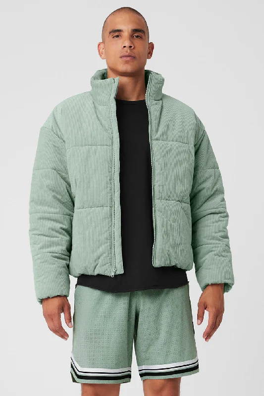 Fleece - lined men jackets for cold - weather commutingCorduroy Stage Puffer - Icy Sage