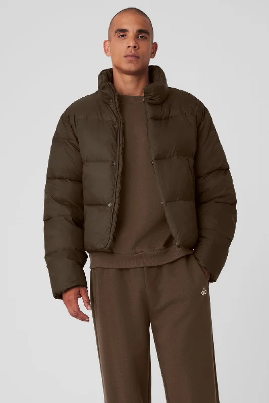 Hooded men jackets with a detachable faux - fur trim for added warmthPlatinum Puffer - Espresso