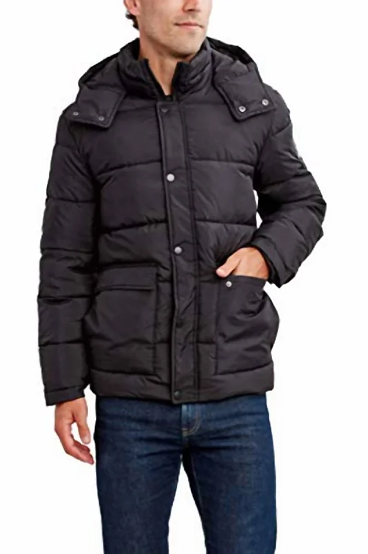 Men coats with a zip - out lining for easy cleaning and versatilityMen coats with a zip - out lining for easy cleaning and versatilityMen's Water And Wind Resistant Hooded Puffer Jacket In Solid Black