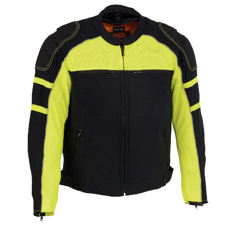 Men jackets with a built - in hood that can be stowed away when not in useMen jackets with a built - in hood that can be stowed away when not in useMilwaukee Leather MPM1791 Men's Black and Neon Green Armored Textile Motorcycle Riding Jacket