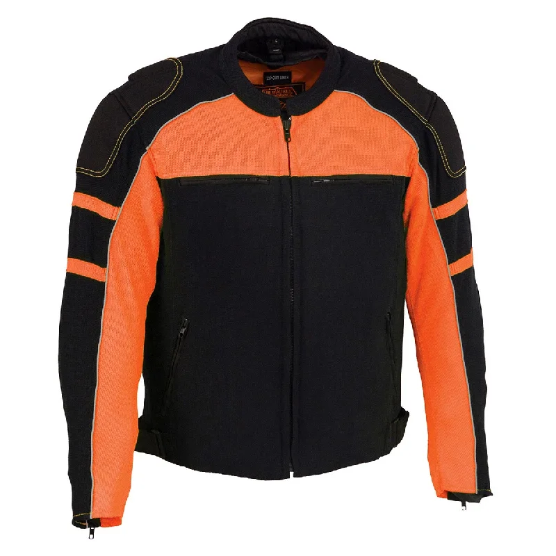 Stretch - fabric men jackets for unrestricted movement during workoutsStretch - fabric men jackets for unrestricted movement during workoutsMilwaukee Leather MPM1791 Men's Black and Orange Textile Armored Motorcycle Riding Jacket