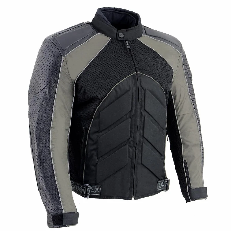 Men jackets with a built - in hood that can be stowed away when not in useMen jackets with a built - in hood that can be stowed away when not in useNexGen SH2153 Men's Black and Grey Armored Moto Textile and Leather Combo Jacket