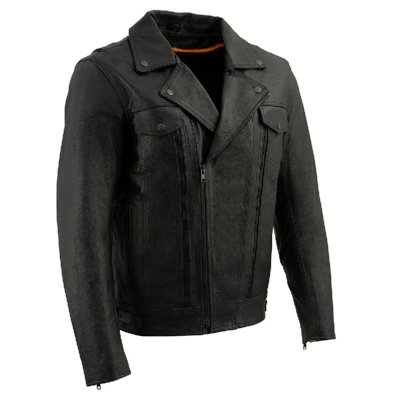 Slim - fit leather men jackets with a distressed finish for a rugged lookSlim - fit leather men jackets with a distressed finish for a rugged lookMilwaukee Leather LKM1760 Men's Black Leather Motorcycle Riders Jacket w/ Multi-Utility Pockets