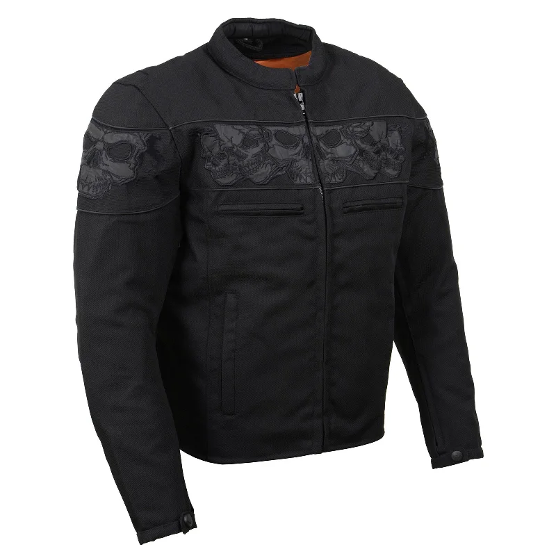 Stretch - fabric men jackets for unrestricted movement during workoutsStretch - fabric men jackets for unrestricted movement during workoutsMilwaukee Leather MPM1730 Black Padded Textile Motorcycle Jacket for Men w/ Reflective Skulls - All Season Motorcycle Jacket