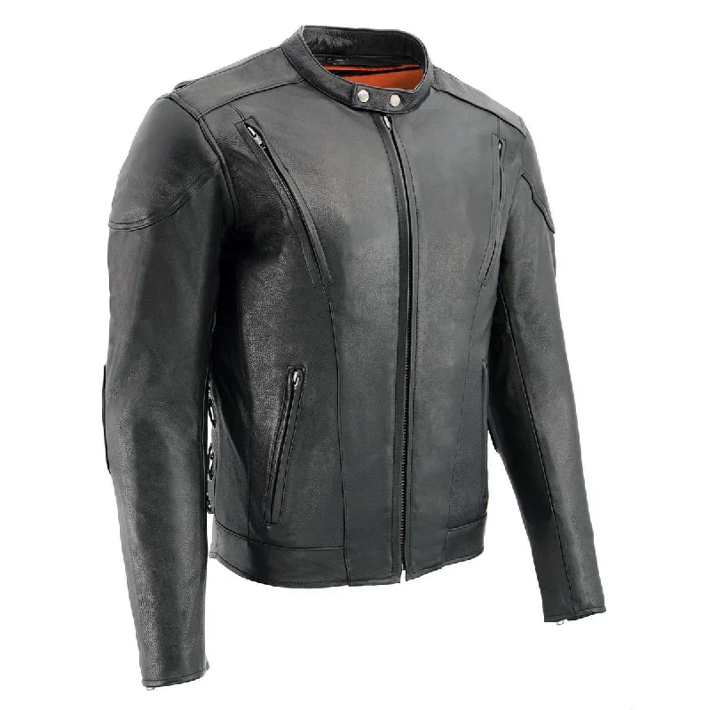 Men jackets with a built - in hood that can be stowed away when not in useMen jackets with a built - in hood that can be stowed away when not in useMilwaukee Leather ML1010 Men's Side Lace Vented Black Leather Scooter Jacket