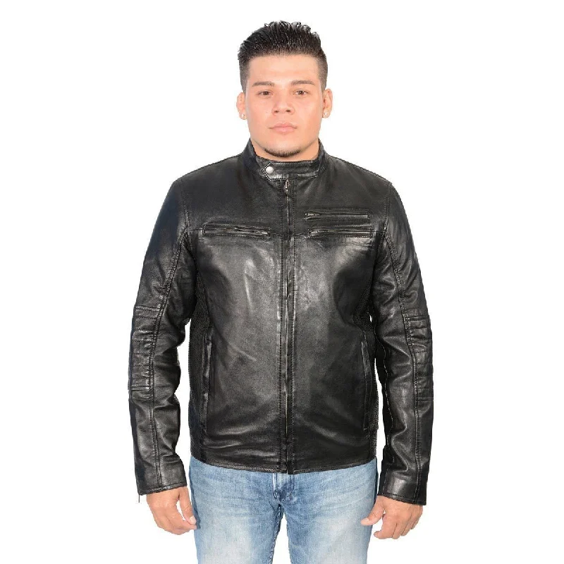 Slim - fit leather men jackets with a distressed finish for a rugged lookSlim - fit leather men jackets with a distressed finish for a rugged lookMilwaukee Leather SFM1805 Men's Black Side Stitch Cafe Racer Lambskin Leather Jacket