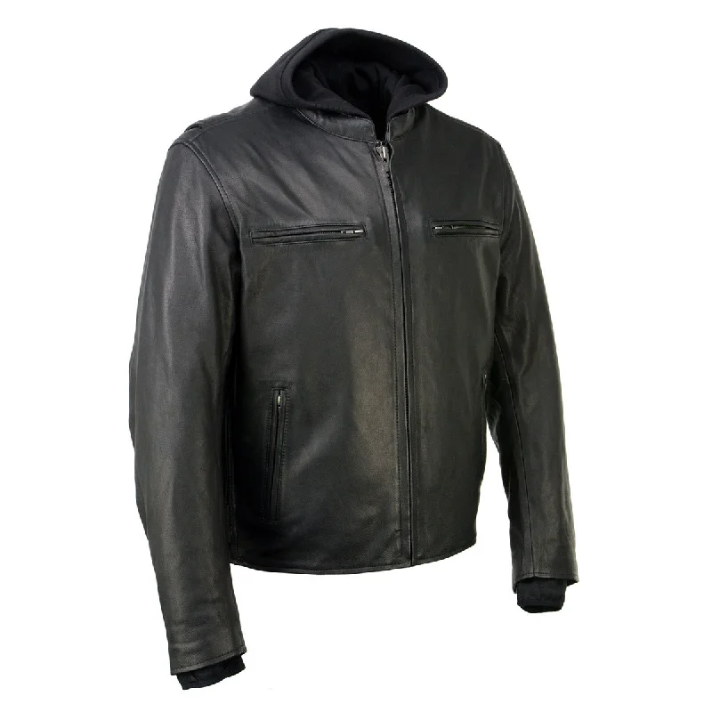 Hooded men jackets with a detachable faux - fur trim for added warmthHooded men jackets with a detachable faux - fur trim for added warmthMilwaukee Leather MLM1523 Men's 'Scoundrel' Black Leather Fashion Motorcycle Riding Jacket w/ Removable Hoodie