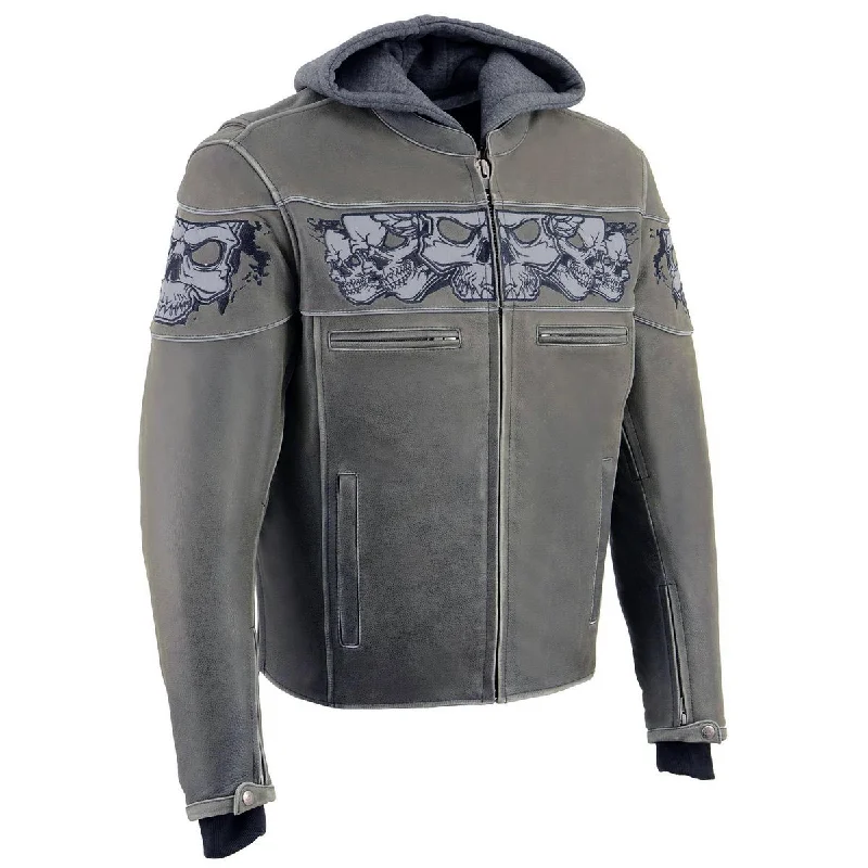 Plus - size men jackets with adjustable drawstrings for a comfortable fitPlus - size men jackets with adjustable drawstrings for a comfortable fitMilwaukee Leather MLM1562 Men's Distressed Grey Leather Jacket with Reflective Skulls