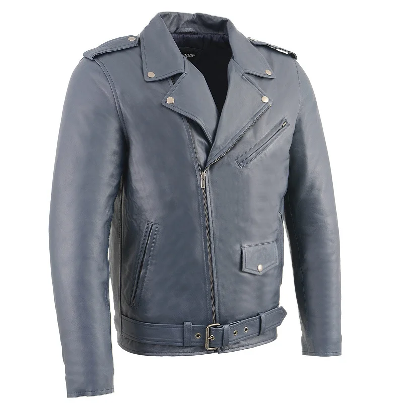 Men jackets with a built - in hood that can be stowed away when not in useMen jackets with a built - in hood that can be stowed away when not in useMilwaukee Leather SFM1890 Men's Blue Leather Classic Moto Leather Jacket