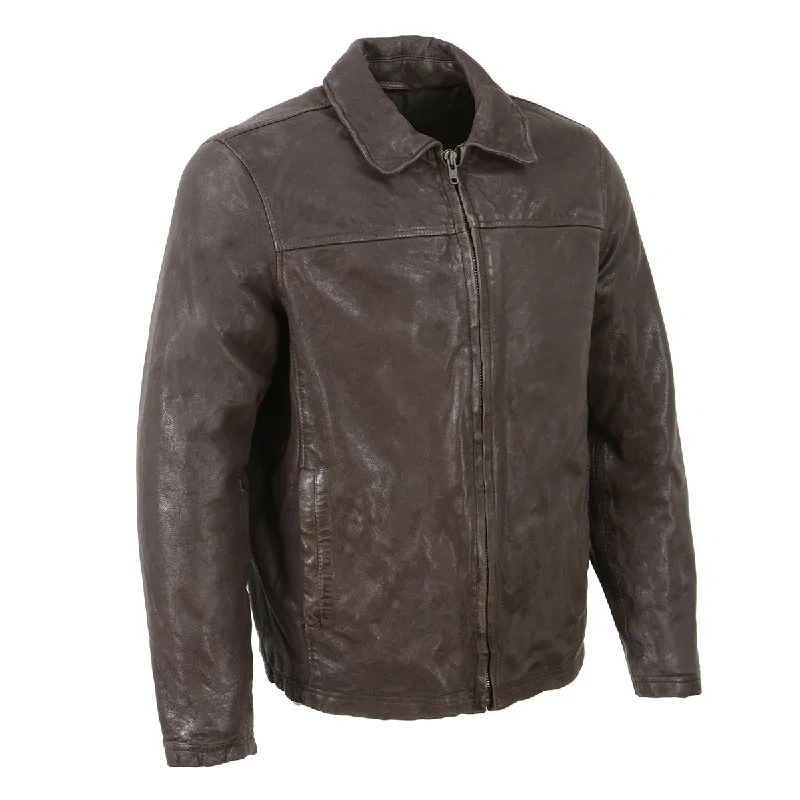 Slim - fit leather men jackets with a distressed finish for a rugged lookSlim - fit leather men jackets with a distressed finish for a rugged lookMilwaukee Leather Vintage SFM1804 Men's Classic Brown Zipper Front Jacket with Shirt Collar