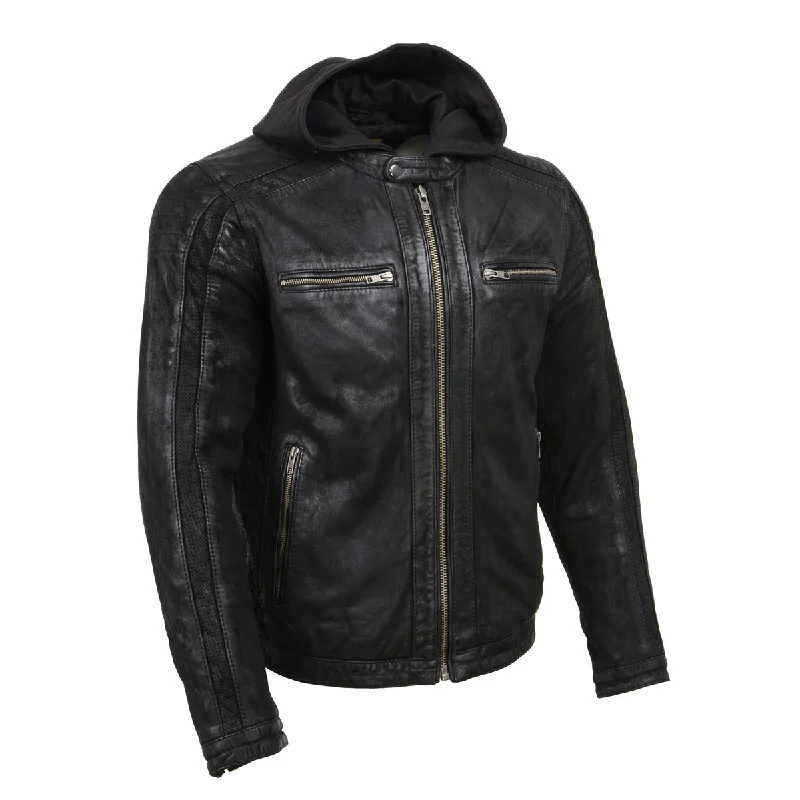 Men jackets with a media - friendly pocket for easy access to gadgetsMen jackets with a media - friendly pocket for easy access to gadgetsMilwaukee Leather Vintage SFM1807 Men's Black Premium Leather Hooded Jacket