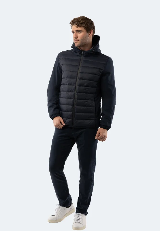 Men coats with a quilted pattern for added texture and warmthNavy Hooded Puff Coat