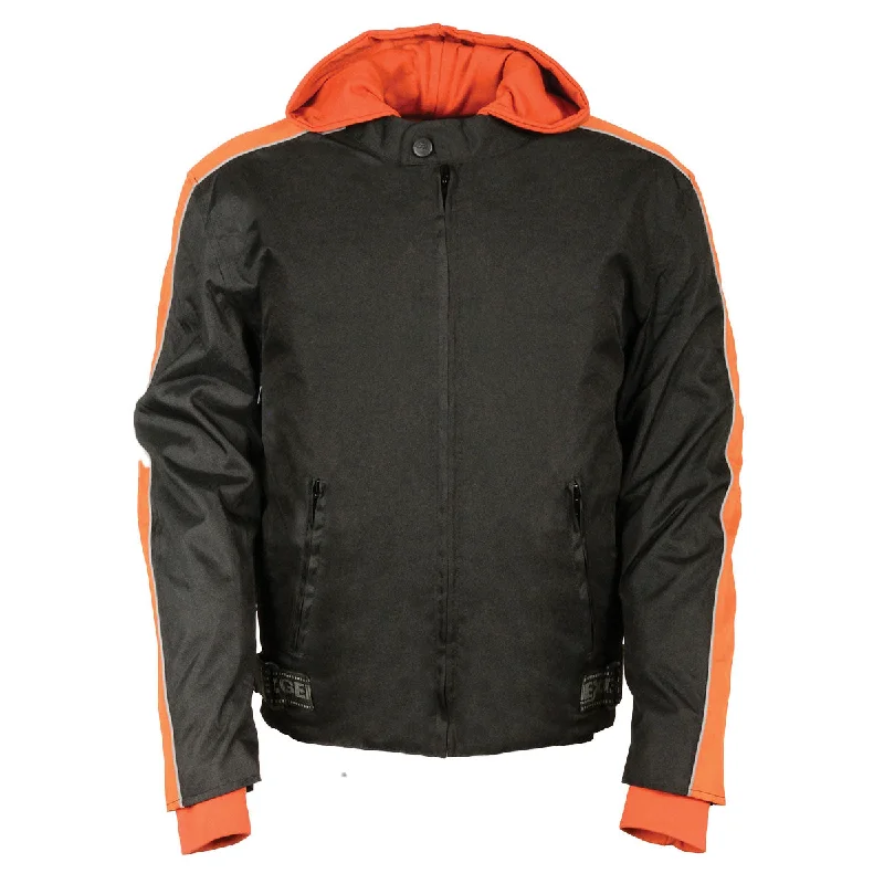 Men jackets with a zip - off sleeves to convert to a vestMen jackets with a zip - off sleeves to convert to a vestNexGen SH2035 Men's Black and Orange Nylon Racer Jacket with Hoodie