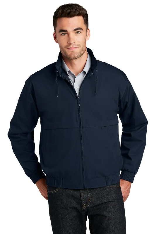 Hooded men jackets with a detachable faux - fur trim for added warmthHooded men jackets with a detachable faux - fur trim for added warmthPort Authority Mens Classic Poplin Wind & Water Resistant Full Zip Jacket - Dark Navy Blue