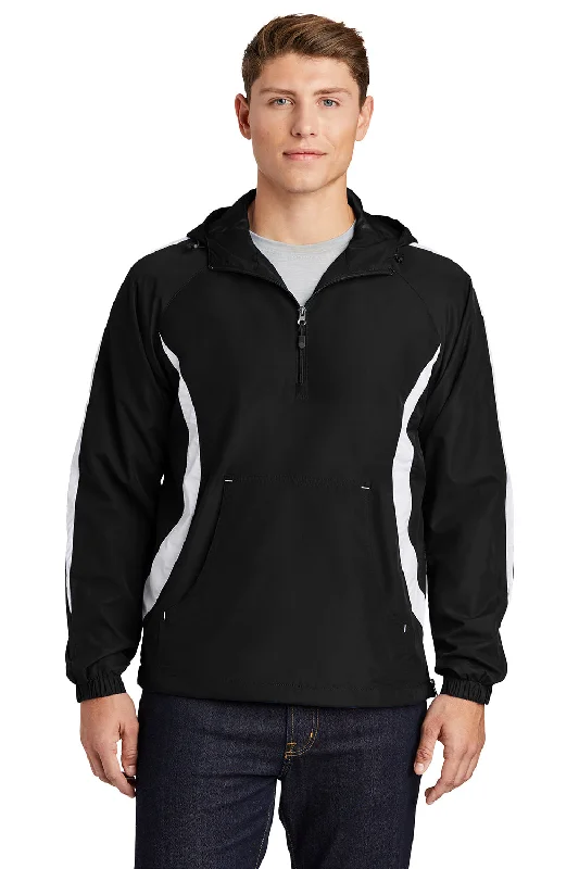 Men jackets with a hidden interior pocket for secure storageMen jackets with a hidden interior pocket for secure storageSport-Tek Mens 1/4 Zip Hooded Jacket - Black/White