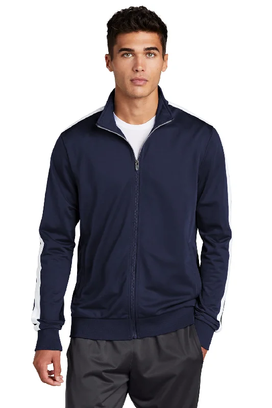 Men jackets with a media - friendly pocket for easy access to gadgetsMen jackets with a media - friendly pocket for easy access to gadgetsSport-Tek Mens Full Zip Track Jacket - True Navy Blue/White