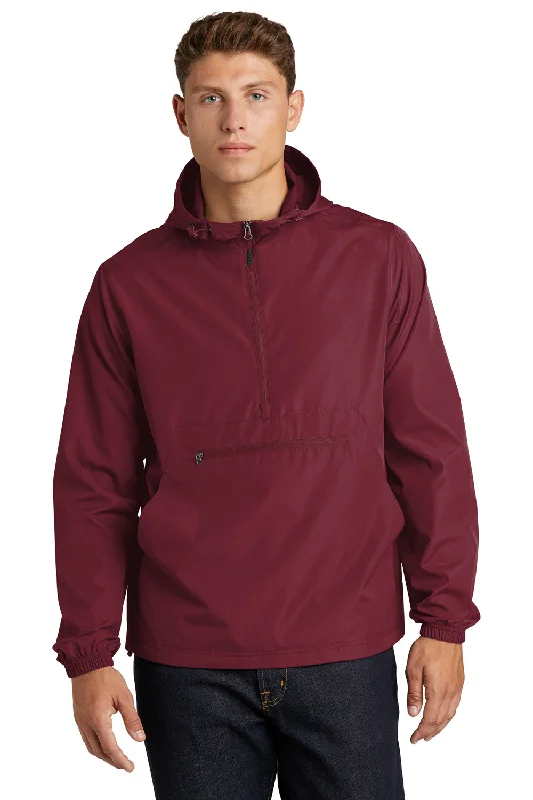 Men jackets with a zip - off sleeves to convert to a vestMen jackets with a zip - off sleeves to convert to a vestSport-Tek Mens Wind & Water Resistant Packable Anorak 1/4 Zip Hooded Jacket - Maroon