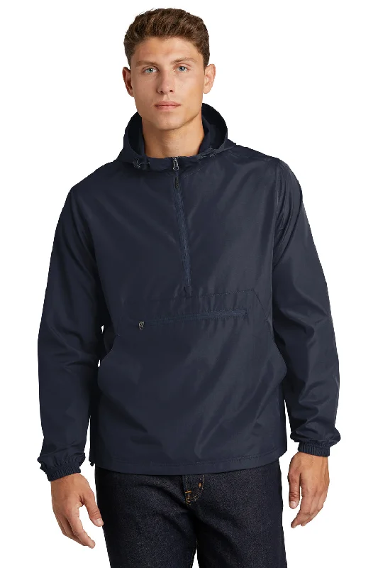 Bomber men jackets with ribbed cuffs for a classic 80s styleBomber men jackets with ribbed cuffs for a classic 80s styleSport-Tek Mens Wind & Water Resistant Packable Anorak 1/4 Zip Hooded Jacket - True Navy Blue