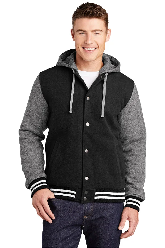 Men jackets with a media - friendly pocket for easy access to gadgetsMen jackets with a media - friendly pocket for easy access to gadgetsSport-Tek Mens Snap Down Hooded Letterman Jacket - Black/Heather Vintage Grey/White