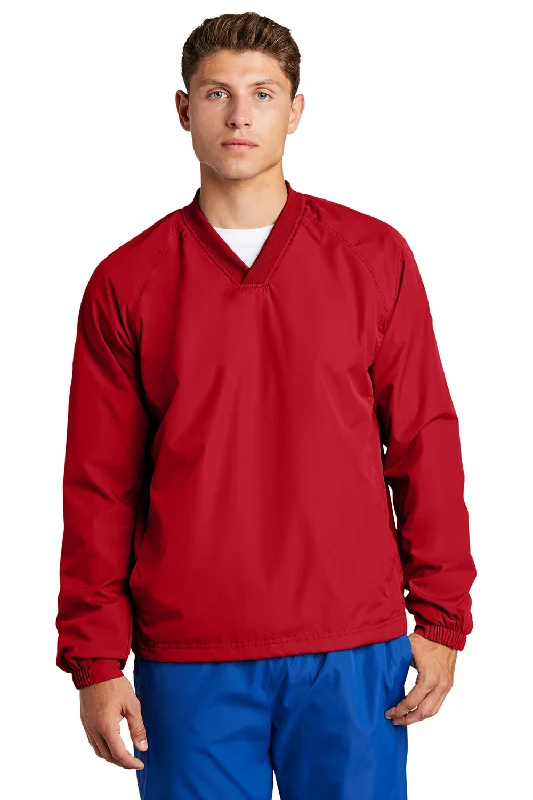 Men jackets with a built - in hood that can be stowed away when not in useMen jackets with a built - in hood that can be stowed away when not in useSport-Tek Mens V-Neck Wind Jacket - True Red