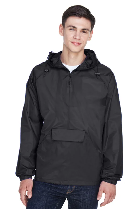 Men jackets with a built - in hood that can be stowed away when not in useMen jackets with a built - in hood that can be stowed away when not in useUltraClub Mens Pack Away Wind & Water Resistant 1/4 Zip Hooded Jacket - Black