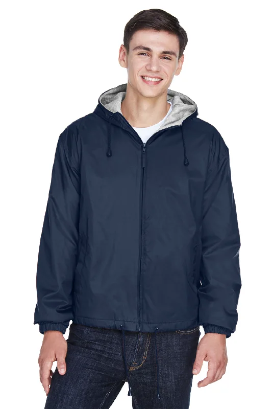 Hooded men jackets with a detachable faux - fur trim for added warmthHooded men jackets with a detachable faux - fur trim for added warmthUltraClub Mens Wind & Water Resistant Full Zip Hooded Jacket - Navy Blue