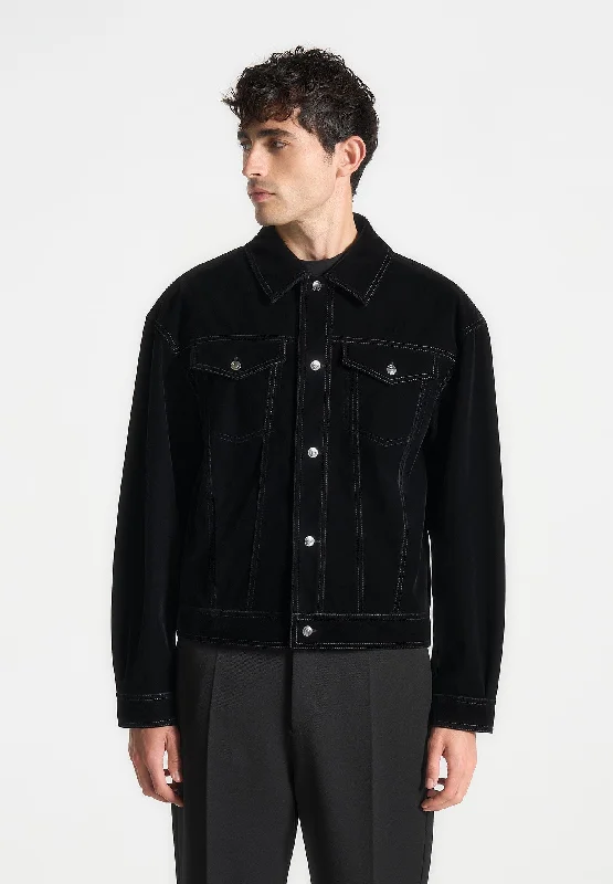 Bomber men jackets with ribbed cuffs for a classic 80s styleBomber men jackets with ribbed cuffs for a classic 80s styleVelvet Contrast Stitch Trucker Jacket - Black