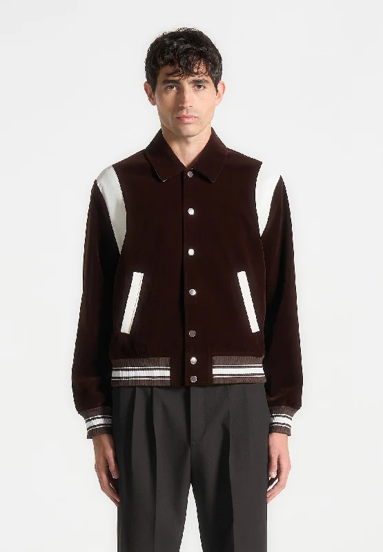 Men jackets with a media - friendly pocket for easy access to gadgetsMen jackets with a media - friendly pocket for easy access to gadgetsVelvet & Satin Varsity Jacket - Brown